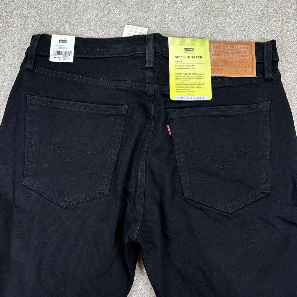 New Levis Mens 34x36 512 Slim Taper Jeans Black Flex Eco Performance